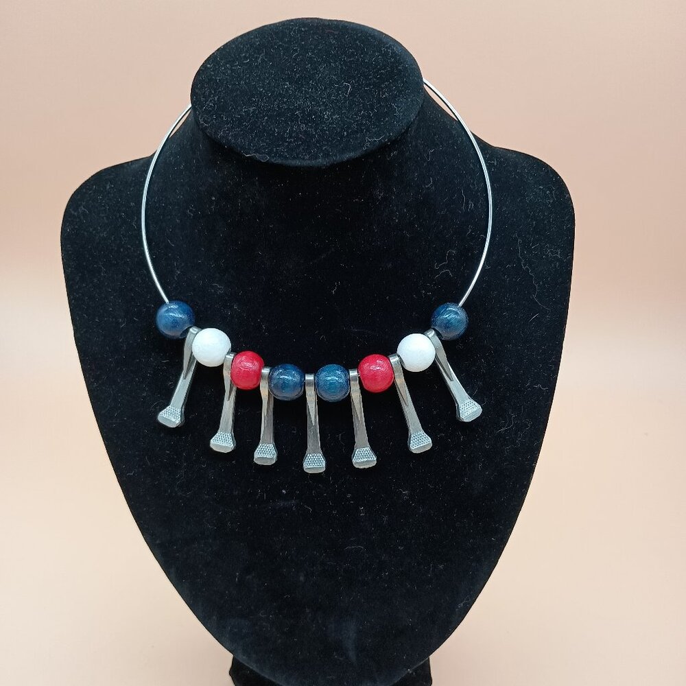 Vintage Brutalist Necklace with Wooden Beads Circlet Red White Blue 16"